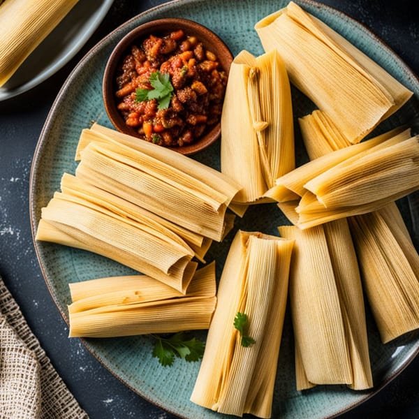 A blue plate filled with numerous El Azteca Mexican tamales and a bowl of red salsa.