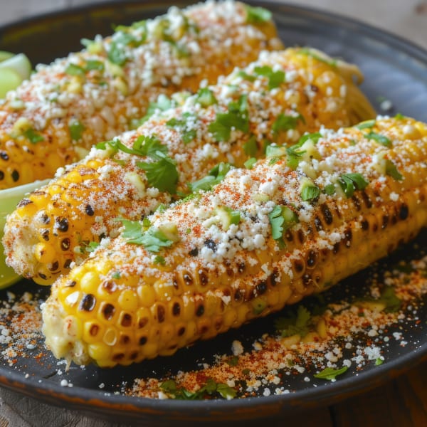 Three grilled elotes, Mexican street corn, topped with cheese, chili powder, and cilantro on a dark plate.