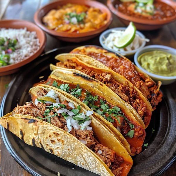 A black plate holds five El Azteca Mexican tacos with various fillings, cilantro, and onions.